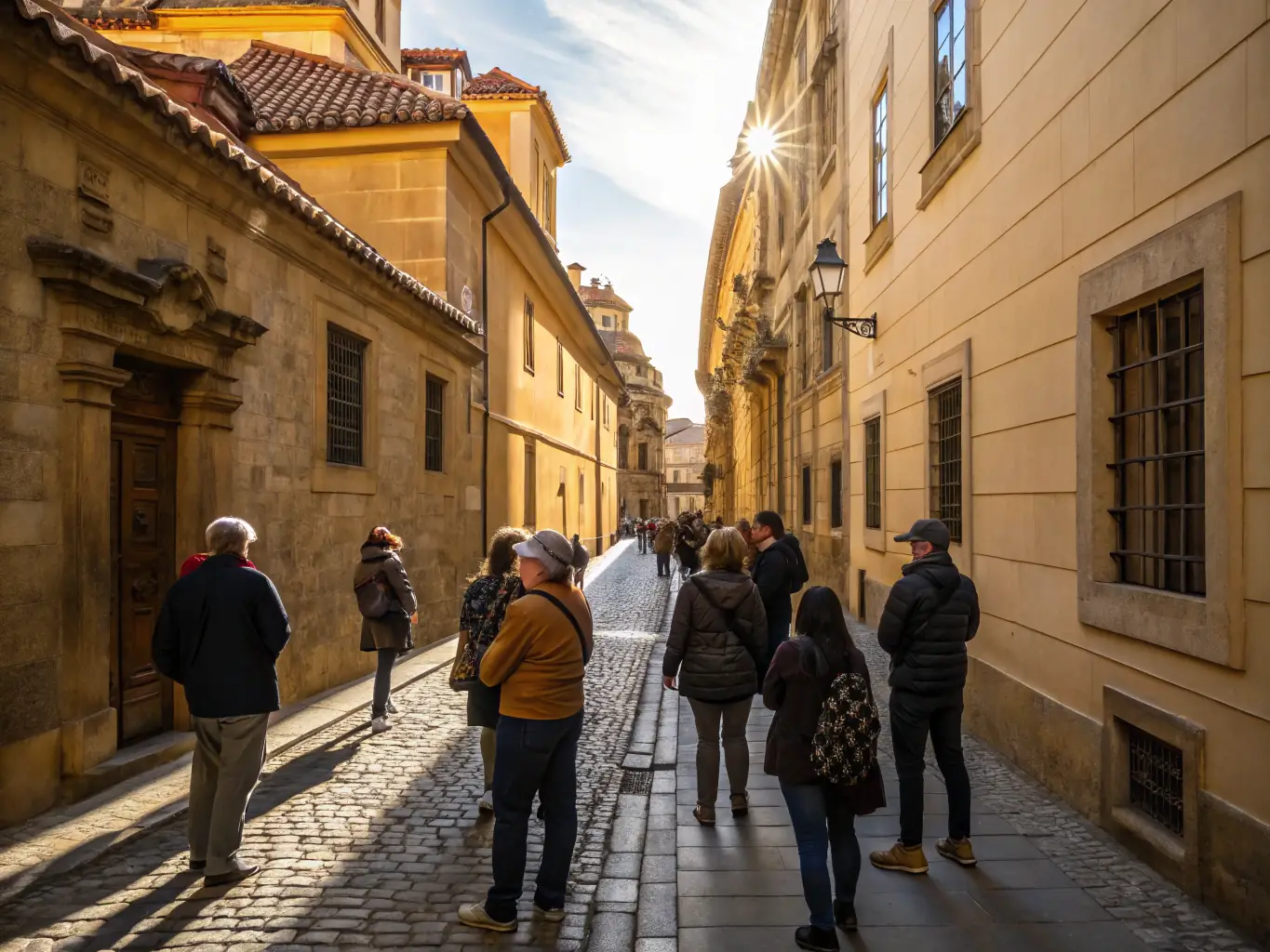 A photograph of a group of people participating in a guided historical tour of La Ciotat, led by a member of AMIS DU VIEUX LA CIOTAT.